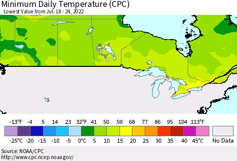 Canada Minimum Daily Temperature (CPC) Thematic Map For 7/18/2022 - 7/24/2022