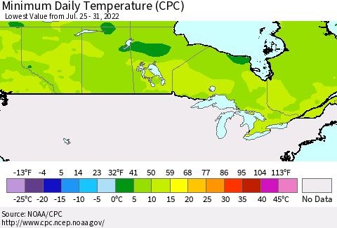 Canada Minimum Daily Temperature (CPC) Thematic Map For 7/25/2022 - 7/31/2022