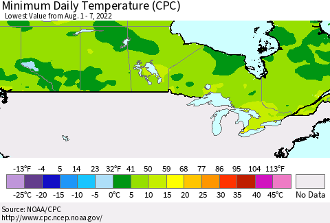 Canada Minimum Daily Temperature (CPC) Thematic Map For 8/1/2022 - 8/7/2022