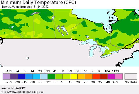 Canada Minimum Daily Temperature (CPC) Thematic Map For 8/8/2022 - 8/14/2022