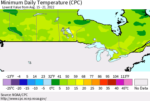 Canada Minimum Daily Temperature (CPC) Thematic Map For 8/15/2022 - 8/21/2022
