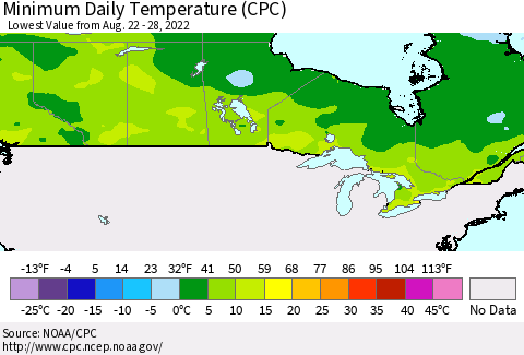 Canada Minimum Daily Temperature (CPC) Thematic Map For 8/22/2022 - 8/28/2022