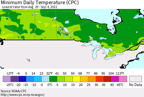 Canada Minimum Daily Temperature (CPC) Thematic Map For 8/29/2022 - 9/4/2022