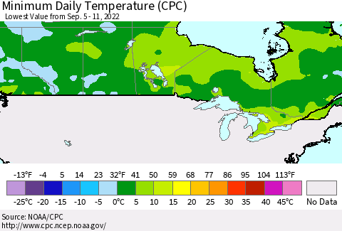 Canada Minimum Daily Temperature (CPC) Thematic Map For 9/5/2022 - 9/11/2022