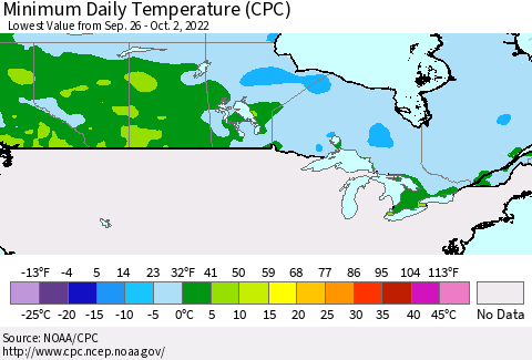 Canada Minimum Daily Temperature (CPC) Thematic Map For 9/26/2022 - 10/2/2022