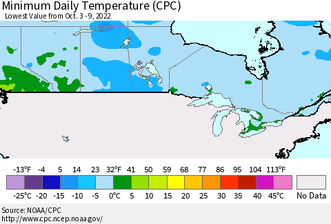 Canada Minimum Daily Temperature (CPC) Thematic Map For 10/3/2022 - 10/9/2022