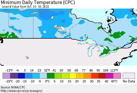 Canada Minimum Daily Temperature (CPC) Thematic Map For 10/10/2022 - 10/16/2022
