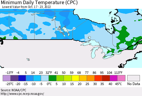 Canada Minimum Daily Temperature (CPC) Thematic Map For 10/17/2022 - 10/23/2022