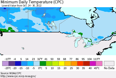 Canada Minimum Daily Temperature (CPC) Thematic Map For 10/24/2022 - 10/30/2022