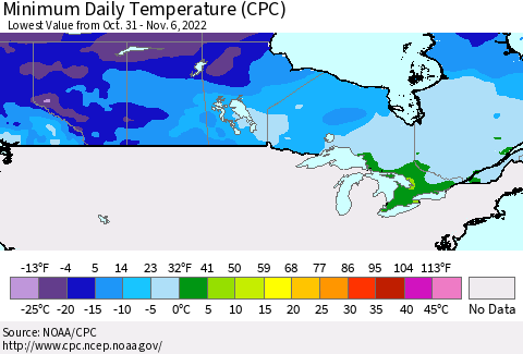 Canada Minimum Daily Temperature (CPC) Thematic Map For 10/31/2022 - 11/6/2022