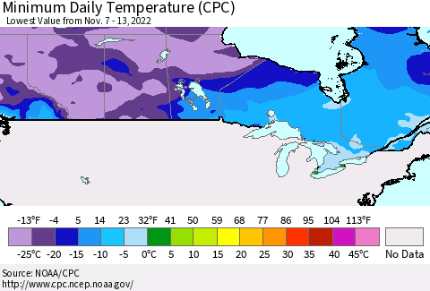 Canada Minimum Daily Temperature (CPC) Thematic Map For 11/7/2022 - 11/13/2022