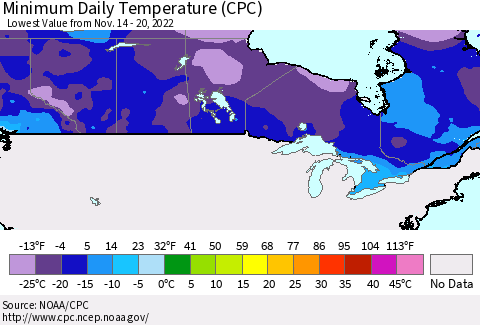 Canada Minimum Daily Temperature (CPC) Thematic Map For 11/14/2022 - 11/20/2022