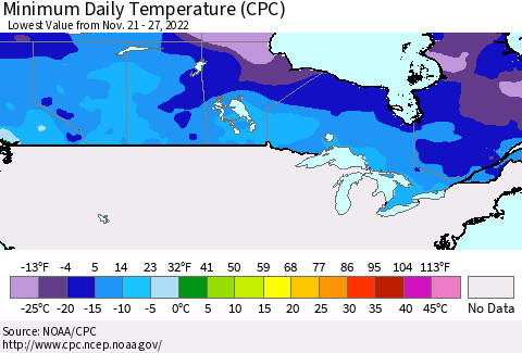 Canada Minimum Daily Temperature (CPC) Thematic Map For 11/21/2022 - 11/27/2022
