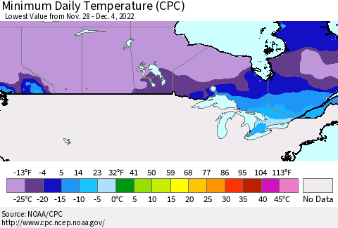 Canada Minimum Daily Temperature (CPC) Thematic Map For 11/28/2022 - 12/4/2022
