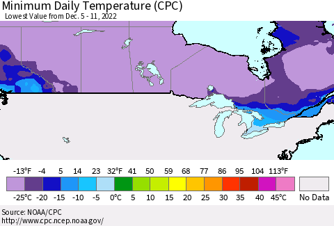 Canada Minimum Daily Temperature (CPC) Thematic Map For 12/5/2022 - 12/11/2022