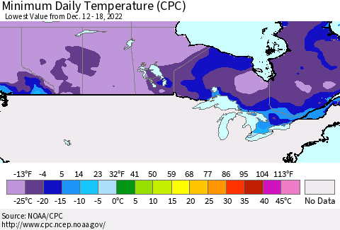 Canada Minimum Daily Temperature (CPC) Thematic Map For 12/12/2022 - 12/18/2022