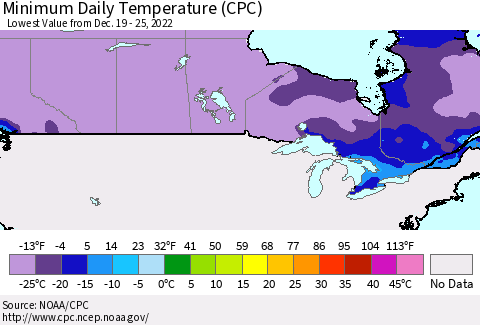 Canada Minimum Daily Temperature (CPC) Thematic Map For 12/19/2022 - 12/25/2022