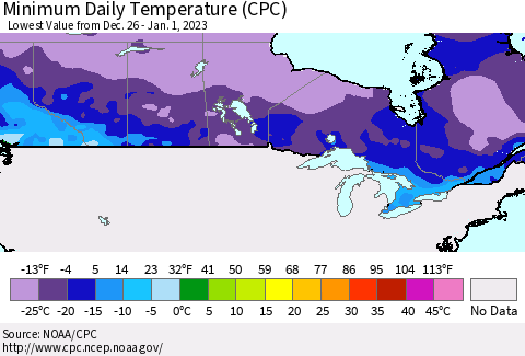 Canada Minimum Daily Temperature (CPC) Thematic Map For 12/26/2022 - 1/1/2023