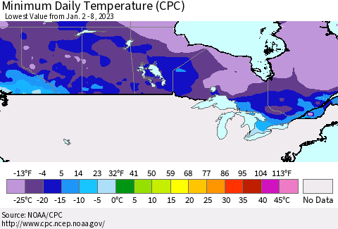 Canada Minimum Daily Temperature (CPC) Thematic Map For 1/2/2023 - 1/8/2023