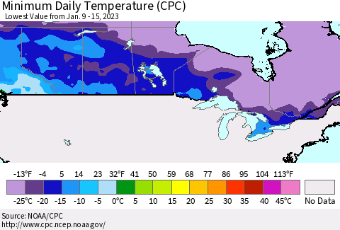 Canada Minimum Daily Temperature (CPC) Thematic Map For 1/9/2023 - 1/15/2023