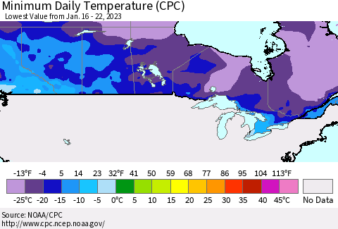 Canada Minimum Daily Temperature (CPC) Thematic Map For 1/16/2023 - 1/22/2023
