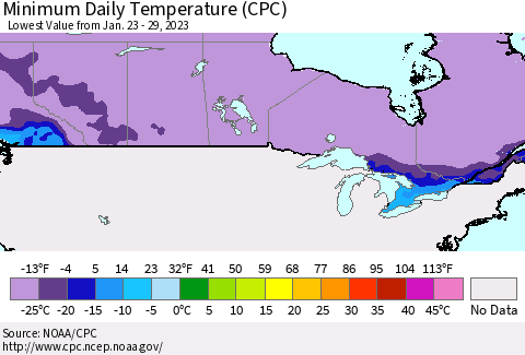 Canada Minimum Daily Temperature (CPC) Thematic Map For 1/23/2023 - 1/29/2023