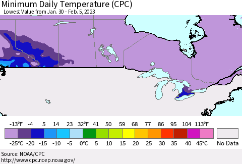 Canada Minimum Daily Temperature (CPC) Thematic Map For 1/30/2023 - 2/5/2023