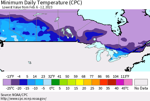Canada Minimum Daily Temperature (CPC) Thematic Map For 2/6/2023 - 2/12/2023