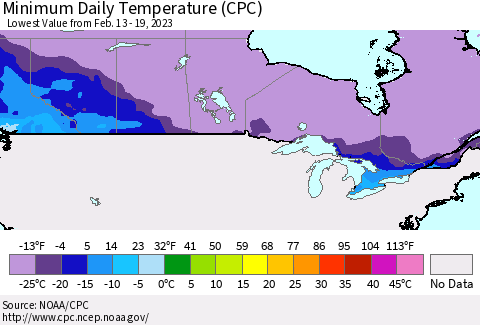 Canada Minimum Daily Temperature (CPC) Thematic Map For 2/13/2023 - 2/19/2023