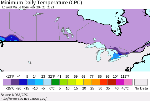 Canada Minimum Daily Temperature (CPC) Thematic Map For 2/20/2023 - 2/26/2023