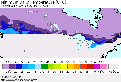Canada Minimum Daily Temperature (CPC) Thematic Map For 2/27/2023 - 3/5/2023