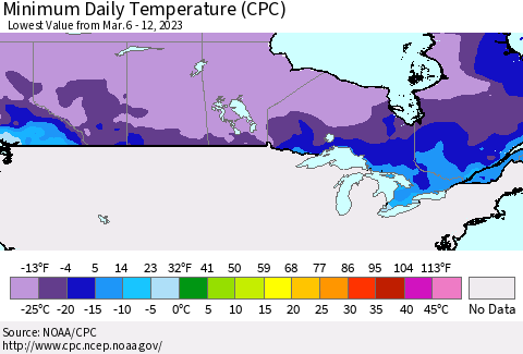 Canada Minimum Daily Temperature (CPC) Thematic Map For 3/6/2023 - 3/12/2023