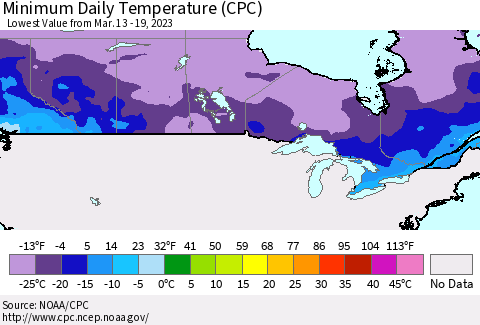 Canada Minimum Daily Temperature (CPC) Thematic Map For 3/13/2023 - 3/19/2023