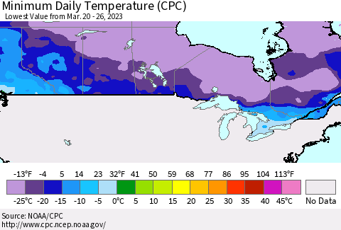Canada Minimum Daily Temperature (CPC) Thematic Map For 3/20/2023 - 3/26/2023