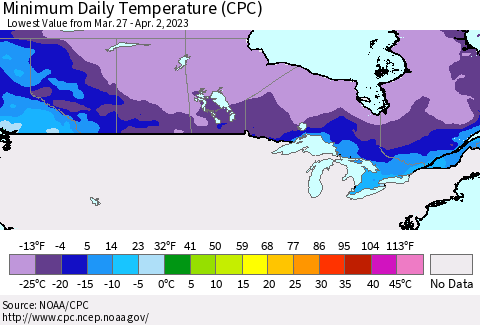 Canada Minimum Daily Temperature (CPC) Thematic Map For 3/27/2023 - 4/2/2023