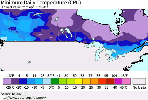 Canada Minimum Daily Temperature (CPC) Thematic Map For 4/3/2023 - 4/9/2023