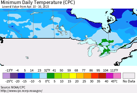 Canada Minimum Daily Temperature (CPC) Thematic Map For 4/10/2023 - 4/16/2023