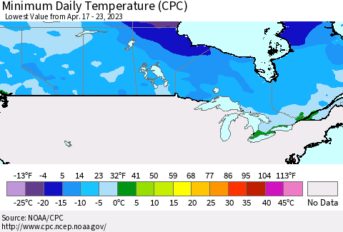Canada Minimum Daily Temperature (CPC) Thematic Map For 4/17/2023 - 4/23/2023