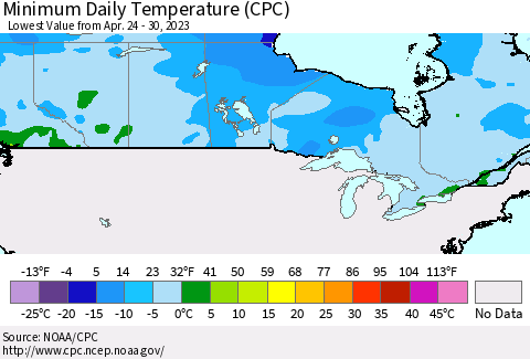 Canada Minimum Daily Temperature (CPC) Thematic Map For 4/24/2023 - 4/30/2023