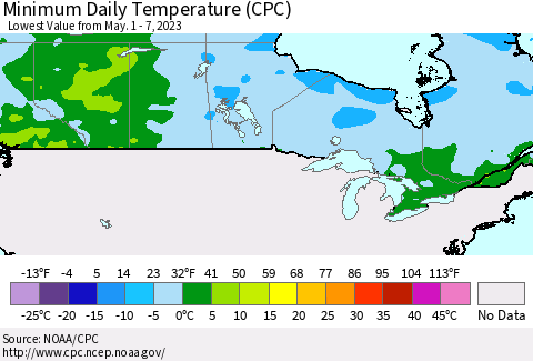 Canada Minimum Daily Temperature (CPC) Thematic Map For 5/1/2023 - 5/7/2023