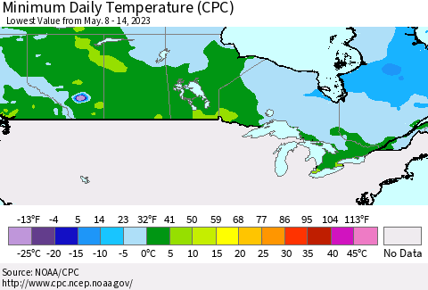 Canada Minimum Daily Temperature (CPC) Thematic Map For 5/8/2023 - 5/14/2023