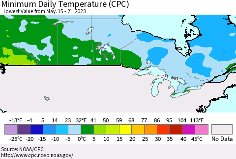 Canada Minimum Daily Temperature (CPC) Thematic Map For 5/15/2023 - 5/21/2023
