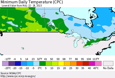 Canada Minimum Daily Temperature (CPC) Thematic Map For 5/22/2023 - 5/28/2023
