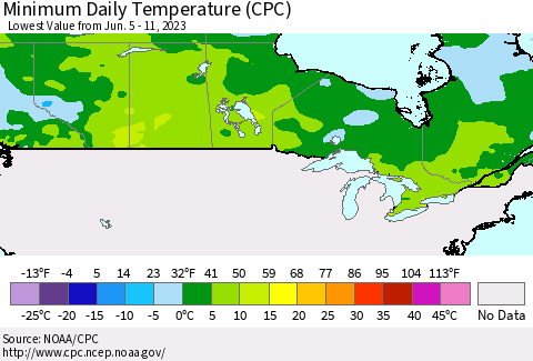 Canada Minimum Daily Temperature (CPC) Thematic Map For 6/5/2023 - 6/11/2023