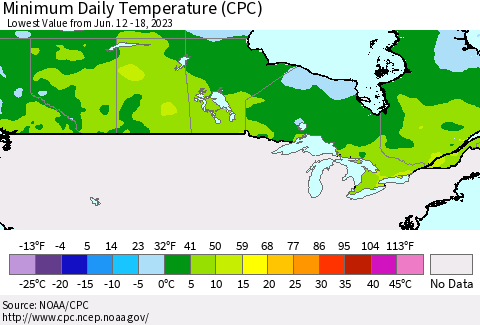 Canada Minimum Daily Temperature (CPC) Thematic Map For 6/12/2023 - 6/18/2023