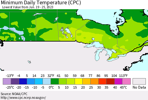 Canada Minimum Daily Temperature (CPC) Thematic Map For 6/19/2023 - 6/25/2023