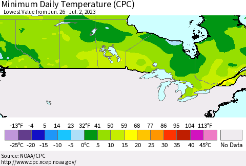 Canada Minimum Daily Temperature (CPC) Thematic Map For 6/26/2023 - 7/2/2023