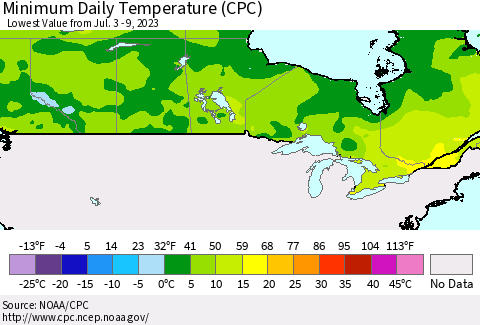 Canada Minimum Daily Temperature (CPC) Thematic Map For 7/3/2023 - 7/9/2023
