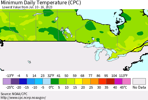 Canada Minimum Daily Temperature (CPC) Thematic Map For 7/10/2023 - 7/16/2023