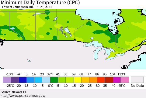 Canada Minimum Daily Temperature (CPC) Thematic Map For 7/17/2023 - 7/23/2023
